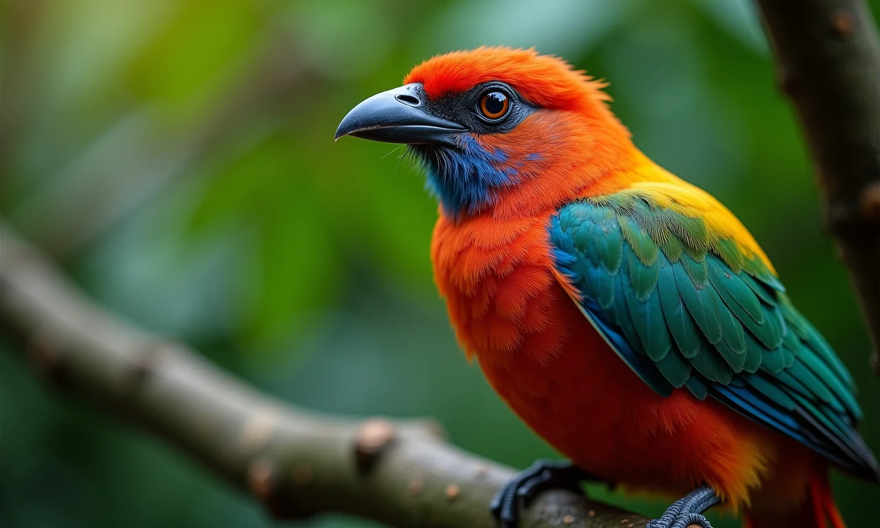 Detalhe da plumagem colorida de um jacu macho em ambiente natural.