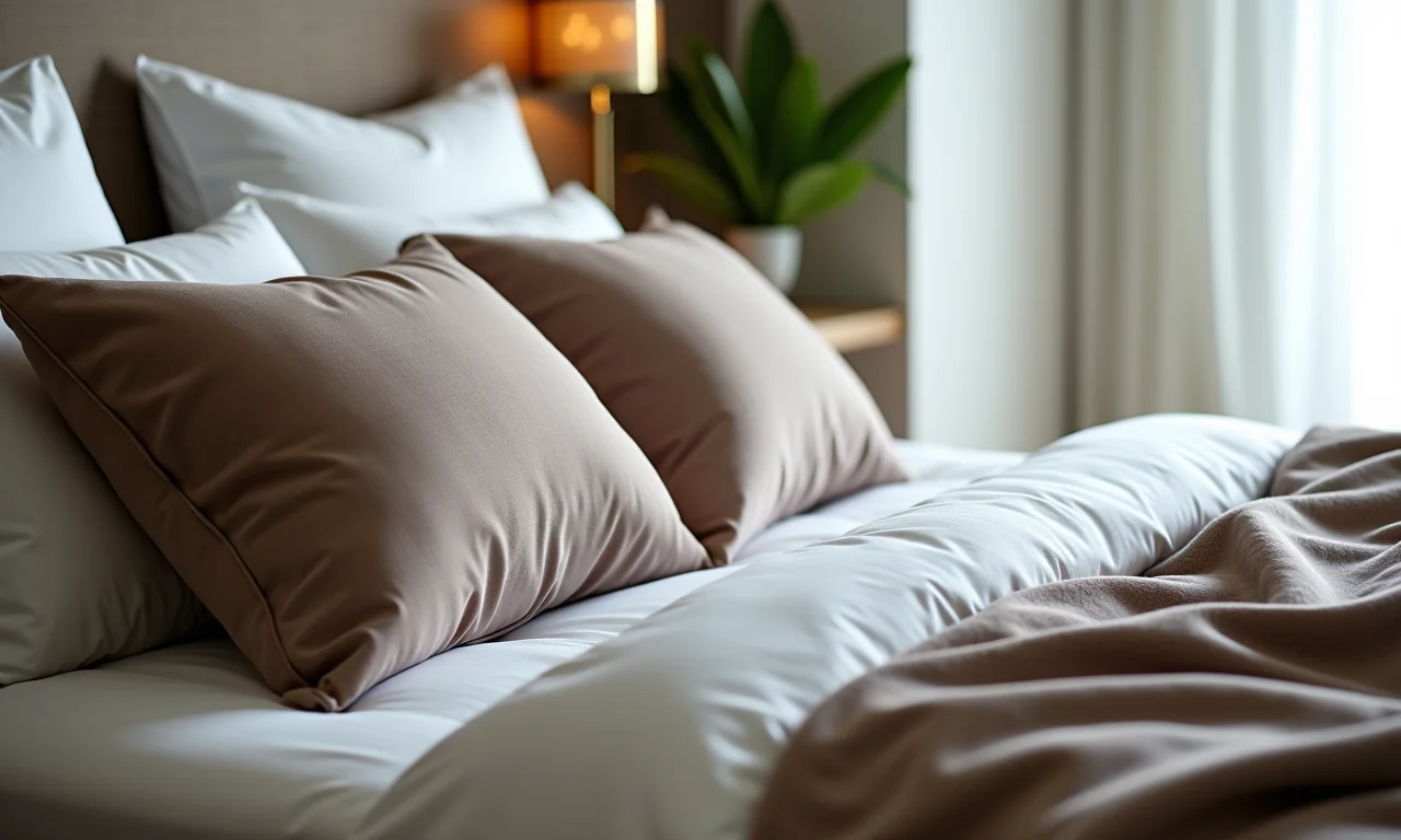 Detalhe da roupa de cama luxuosa em cama king, com texturas e materiais variados.