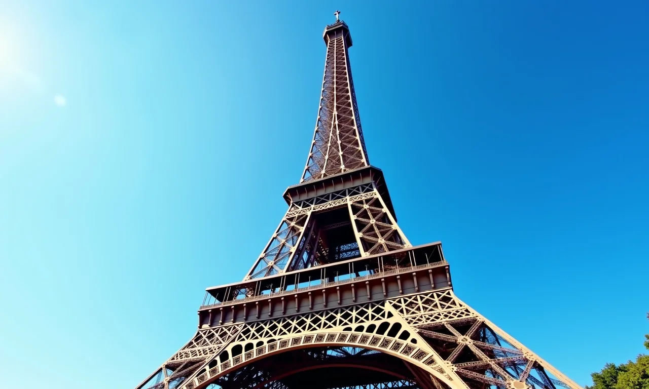 Detalhe da Torre Eiffel sob um céu azul claro em Paris.