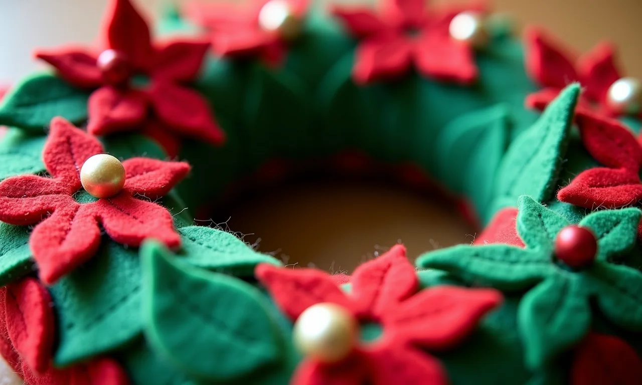 Detalhe de uma guirlanda de Natal feita de feltro colorido.