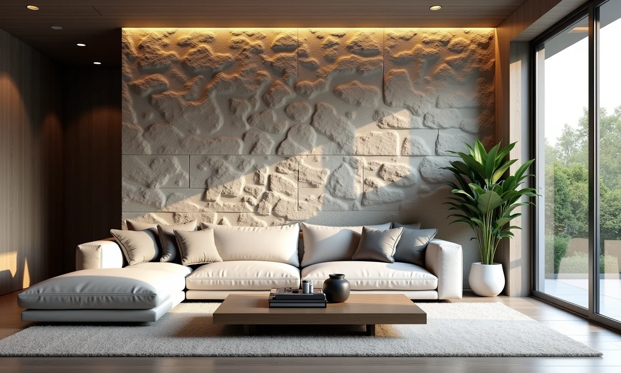 Detalhe de uma parede de pedra em uma sala moderna.