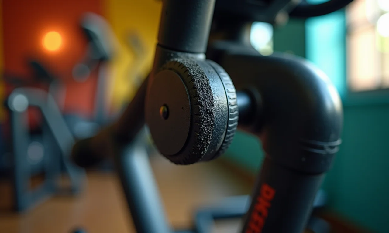 Detalhe do mecanismo de resistência por atrito de uma bicicleta ergométrica mecânica.