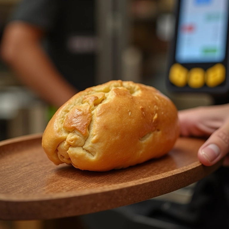 Detalhe do pão com mortadela sendo servido, com um preço visível.