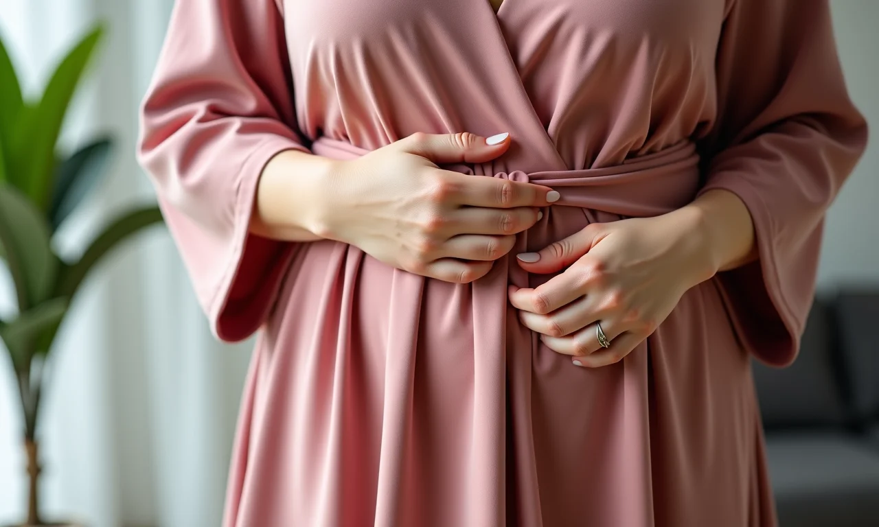 Detalhe do tecido de um vestido envelope plus size.