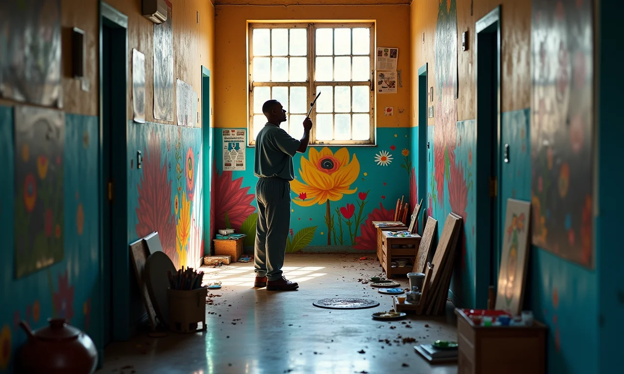 Detento pintando mural colorido em parede de prisão.