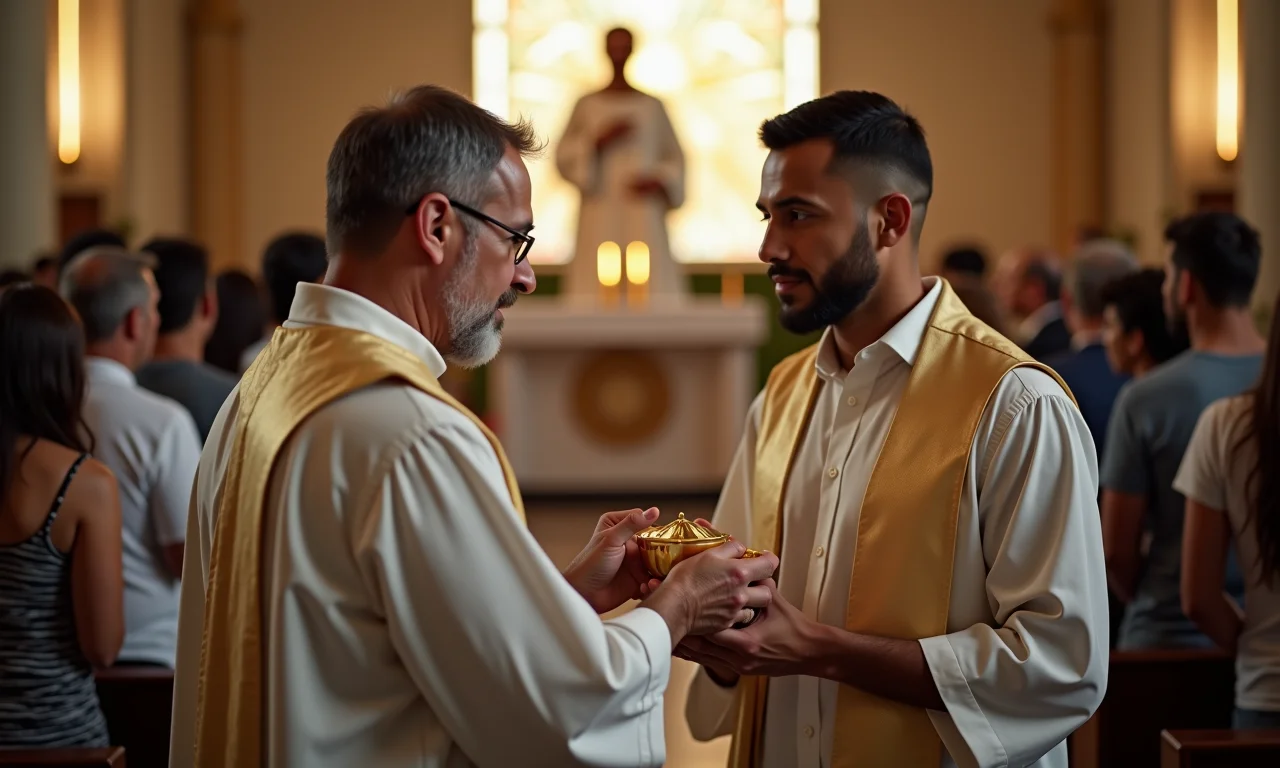 Diácono auxiliando durante a distribuição da comunhão.