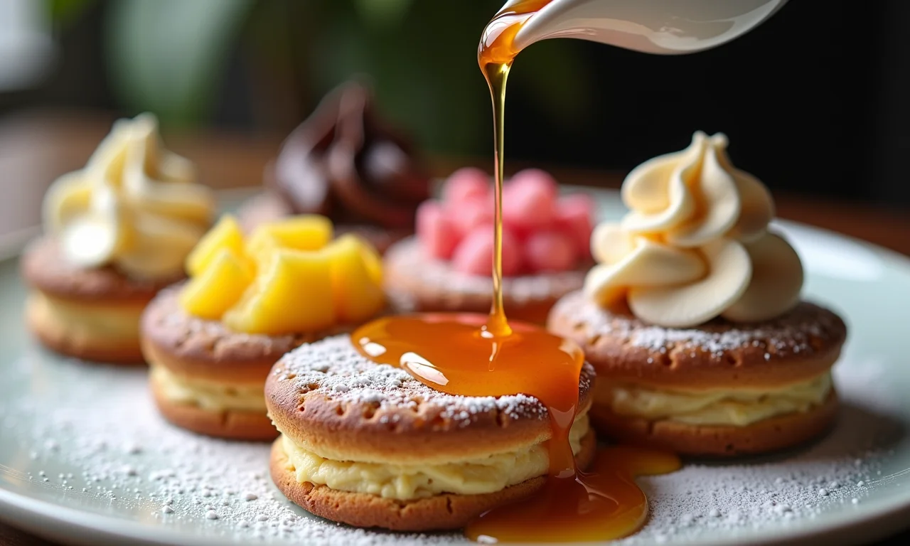 Diversas sobremesas com xarope, cores vibrantes.