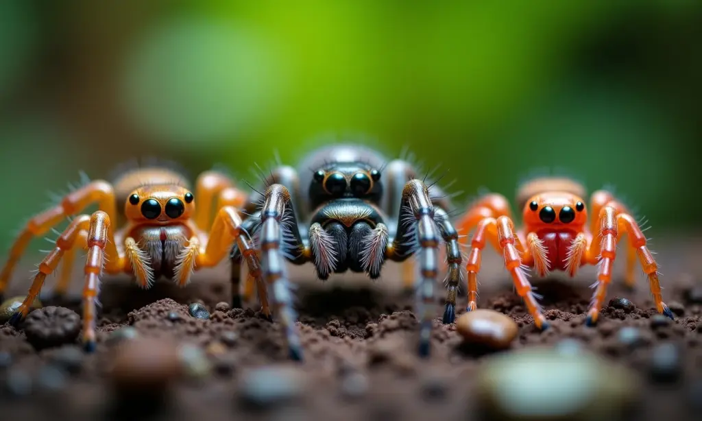 Diversidade de aranhas coloridas em habitat natural.