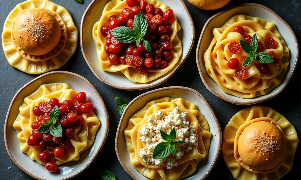 Diversos pratos de rondelli com recheios variados em fundo colorido.