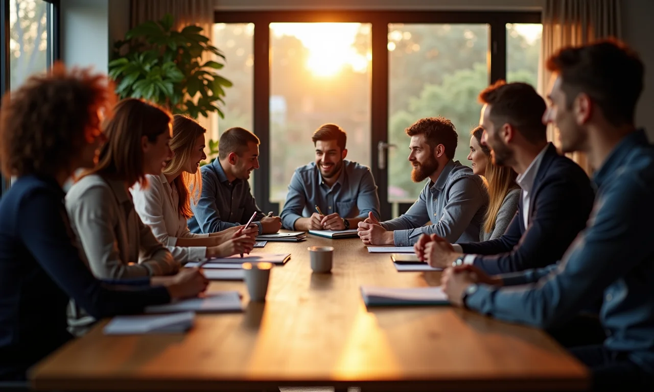 Diversos stakeholders colaborando em mesa, representando a orientação para os interessados.