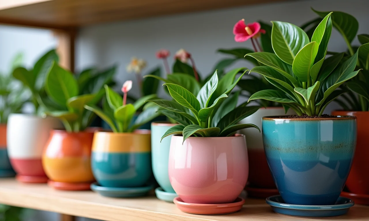 Diversos vasos de cerâmica coloridos para antúrios.