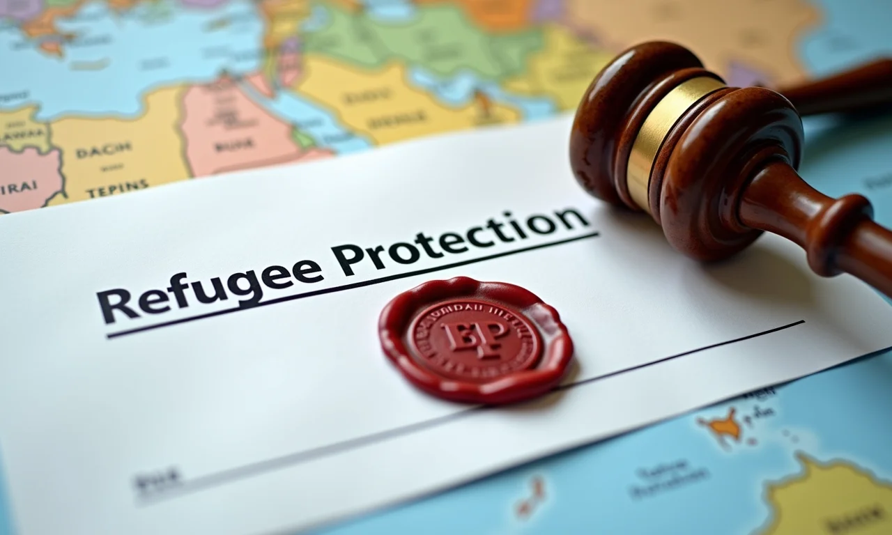 Documento legal com selo oficial, simbolizando a proteção aos refugiados.