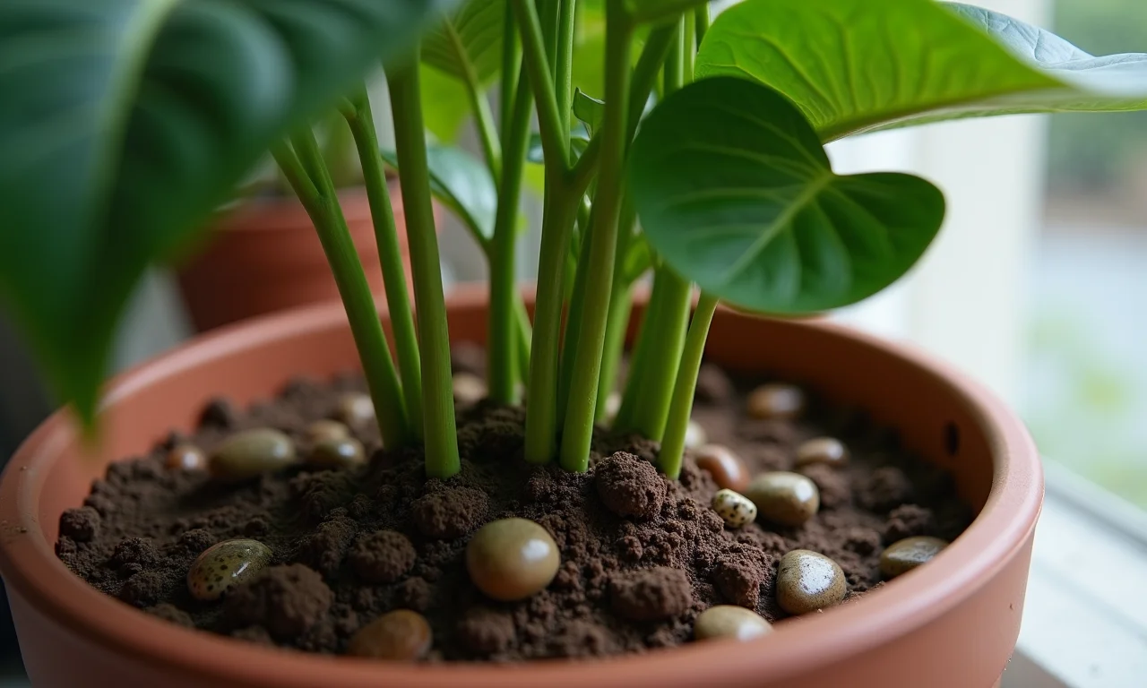 Drenagem perfeita em vaso de antúrio com pedras e furos.
