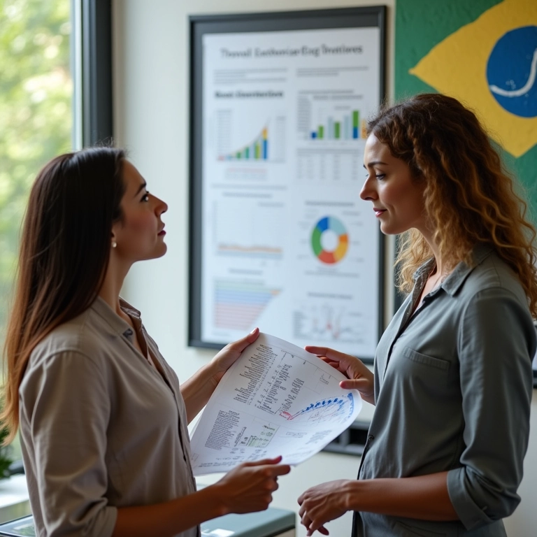 Duas mulheres analisando gráficos financeiros sobre sistemas de amortização SAC e Price.