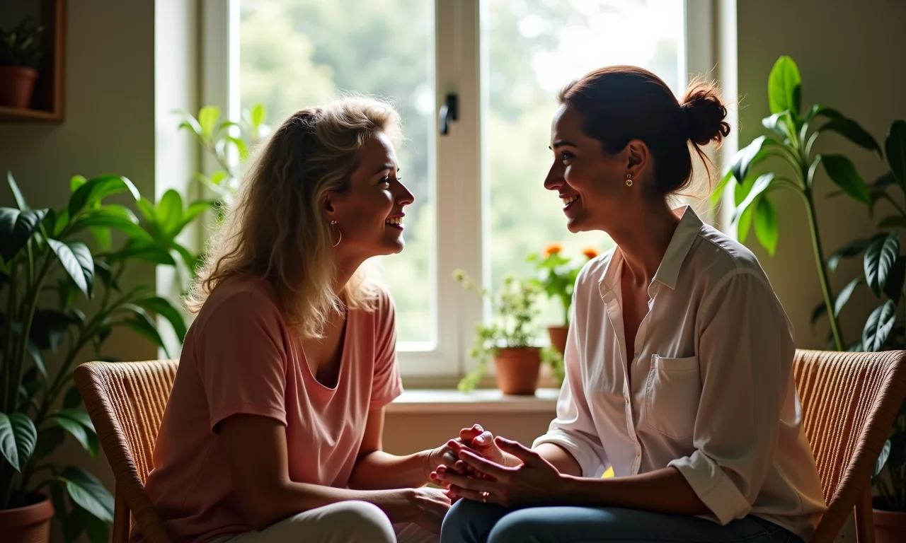 Duas mulheres conversando com empatia em casa brasileira ensolarada.