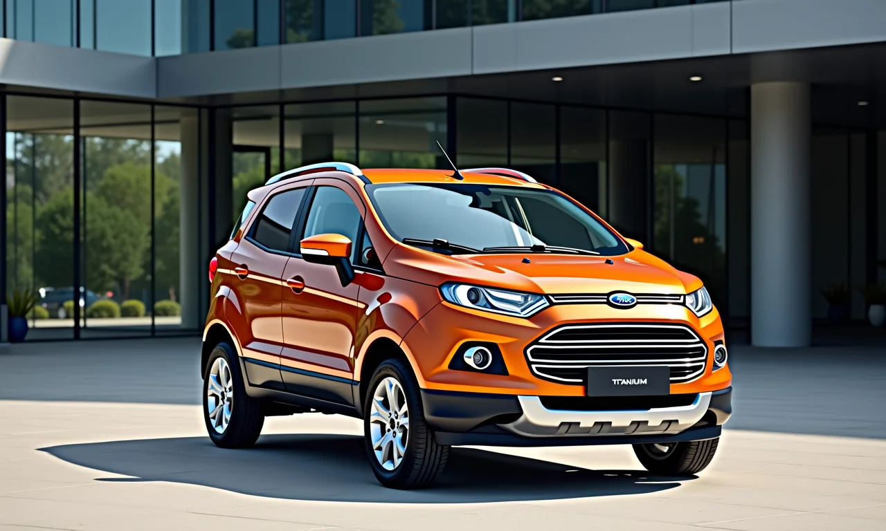 Ecosport Titanium estacionada em frente a prédio moderno.