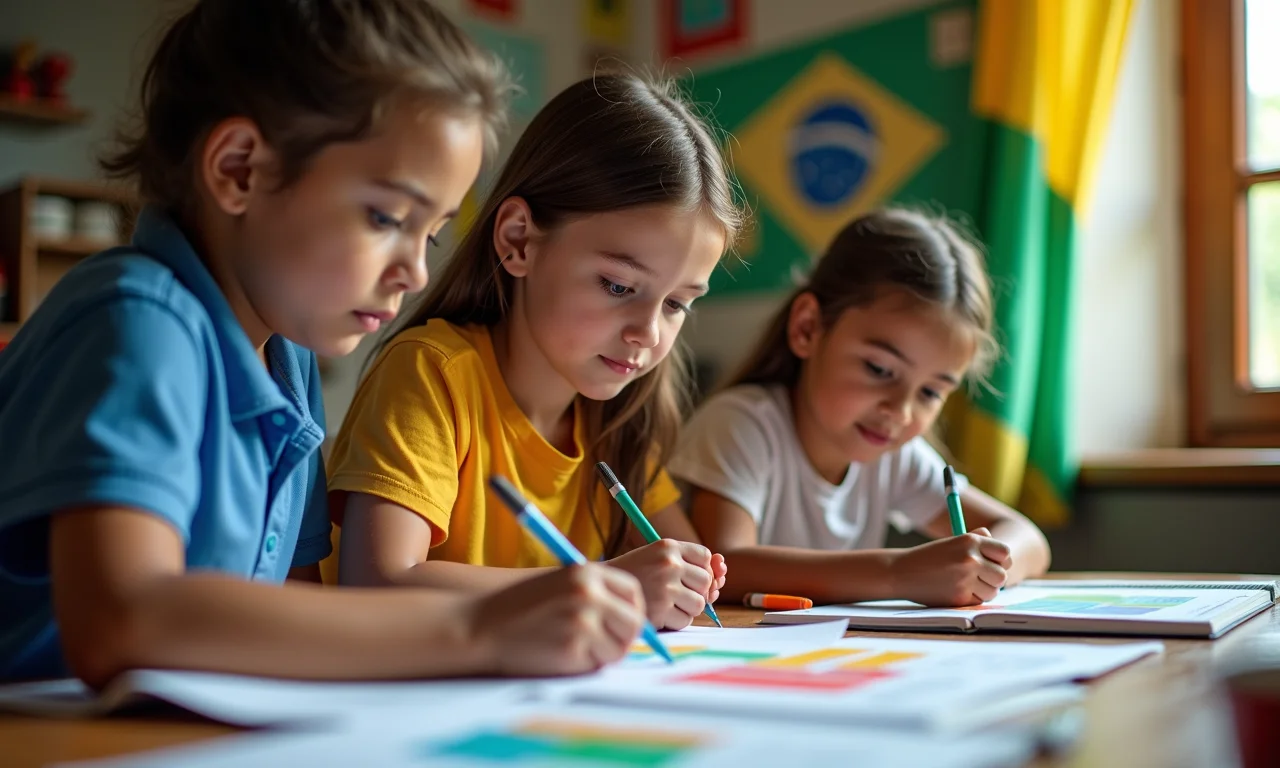 Educadores brasileiros revisando materiais didáticos coloridos e culturalmente relevantes.