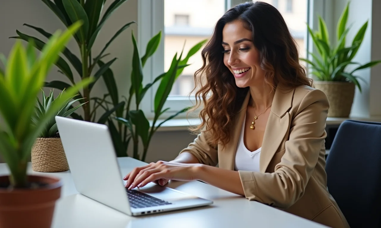 Empreendedora brasileira usa ferramentas online em laptop cercada por plantas.