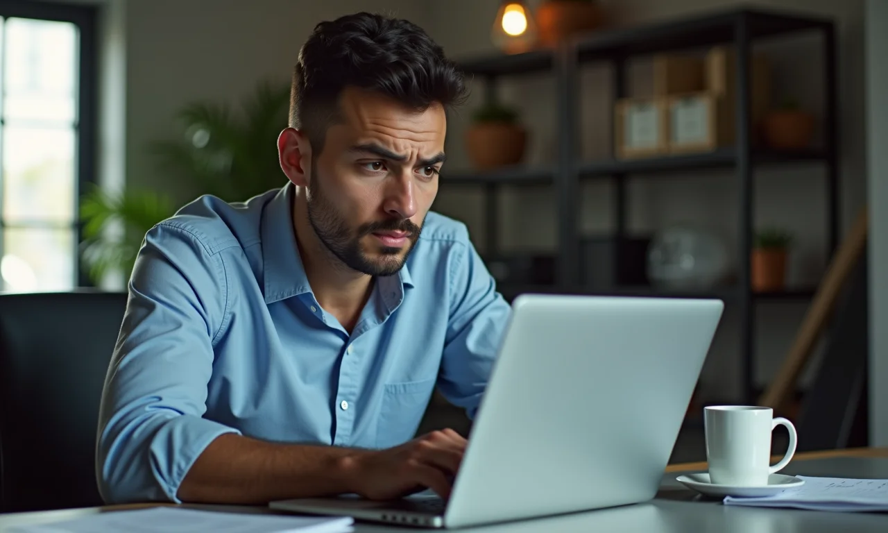 Empreendedora MEI preocupada analisando limitações e desvantagens em seu laptop.