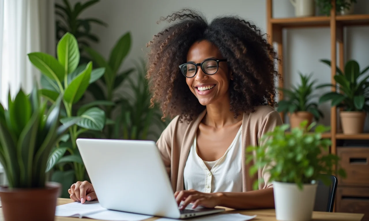 Empreendedora MEI trabalhando em home office, com plantas e organização financeira.