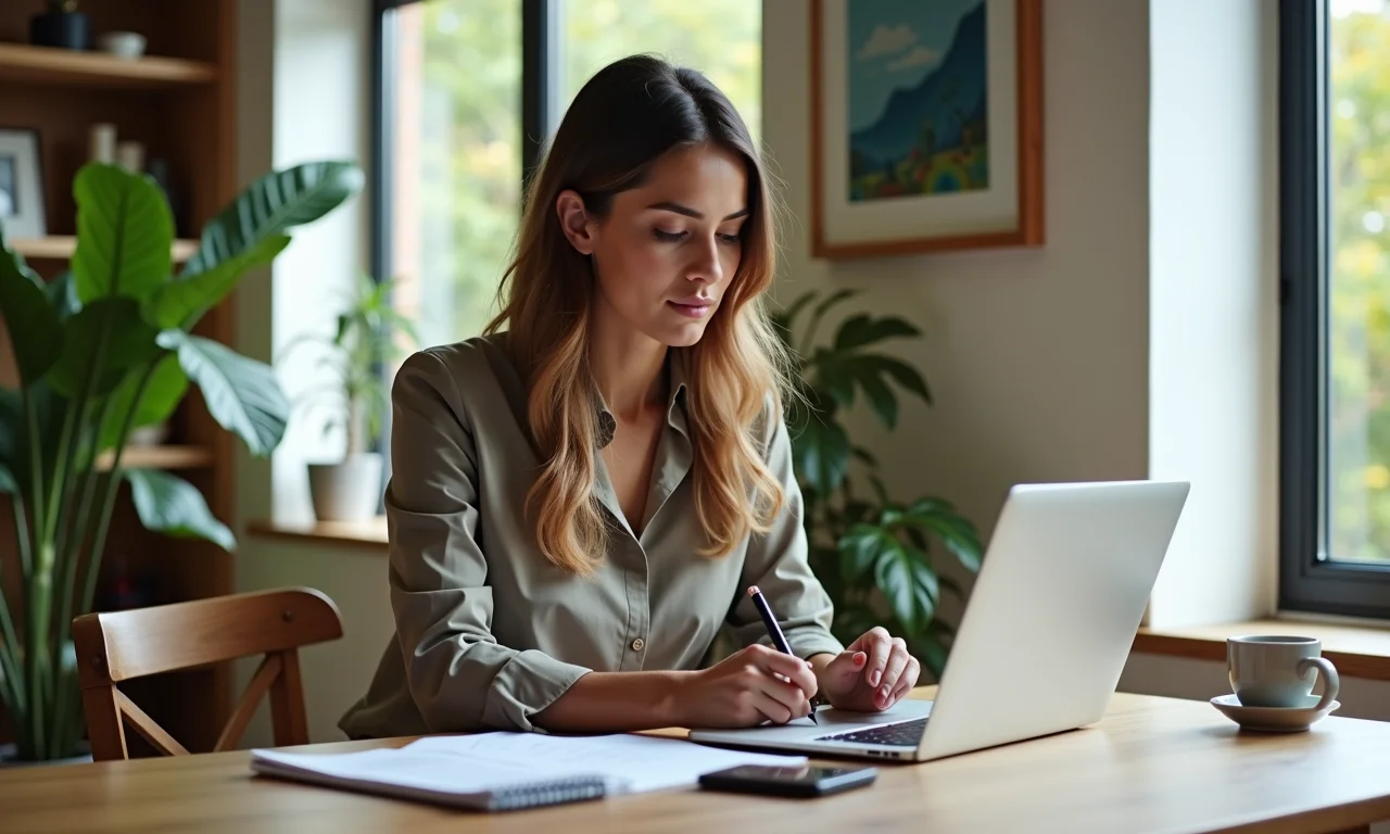 Empresária brasileira anota em escritório moderno com decoração Farm Rio.
