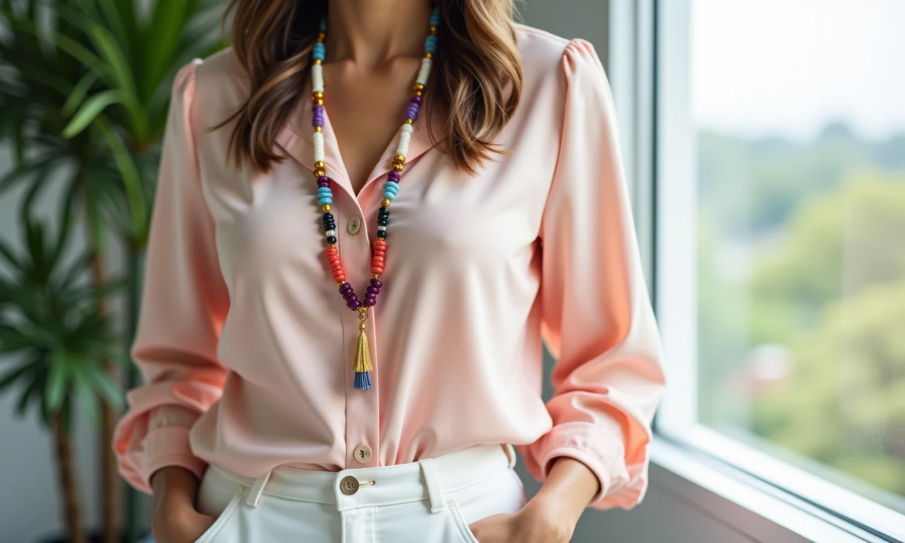 Empresária brasileira usando blusa pastel e calça de linho branca, com colar de contas colorido.