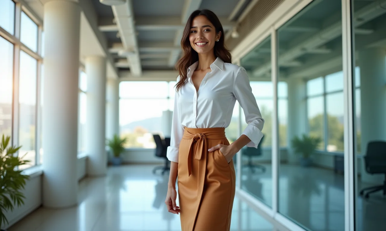 Empresária com saia envelope no escritório moderno.