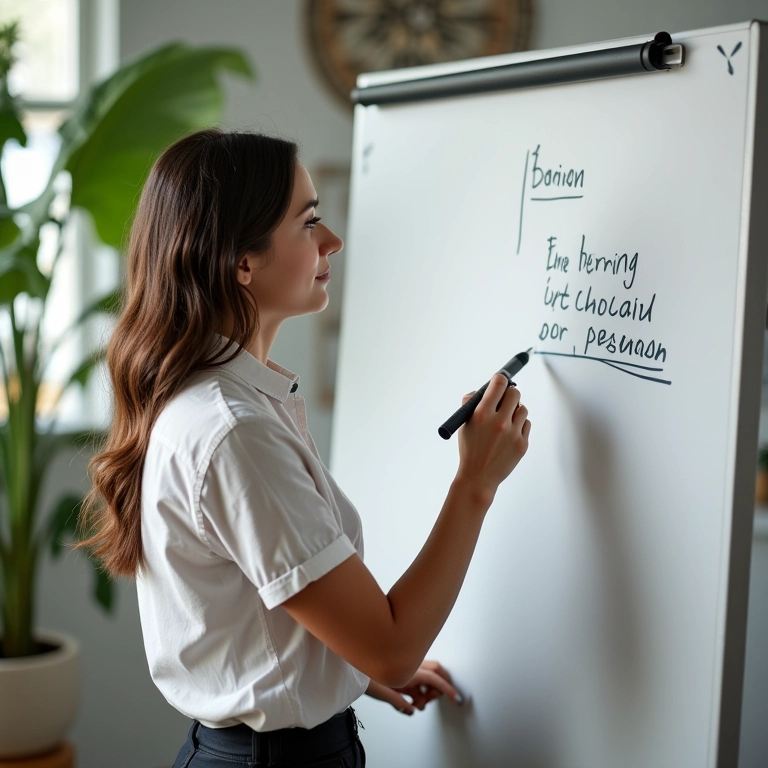 Empresária definindo público-alvo em whiteboard.