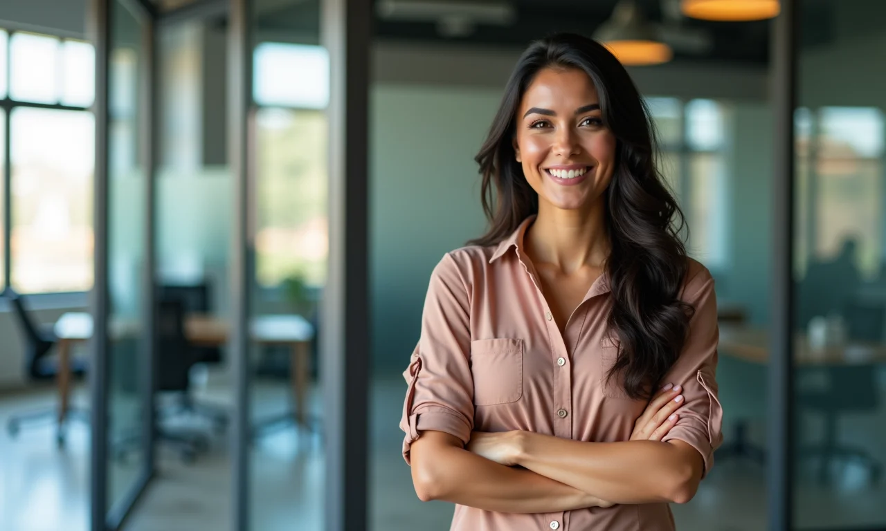 Empresária em escritório moderno mostrando as vantagens de ser ME, com oportunidades de crescimento.