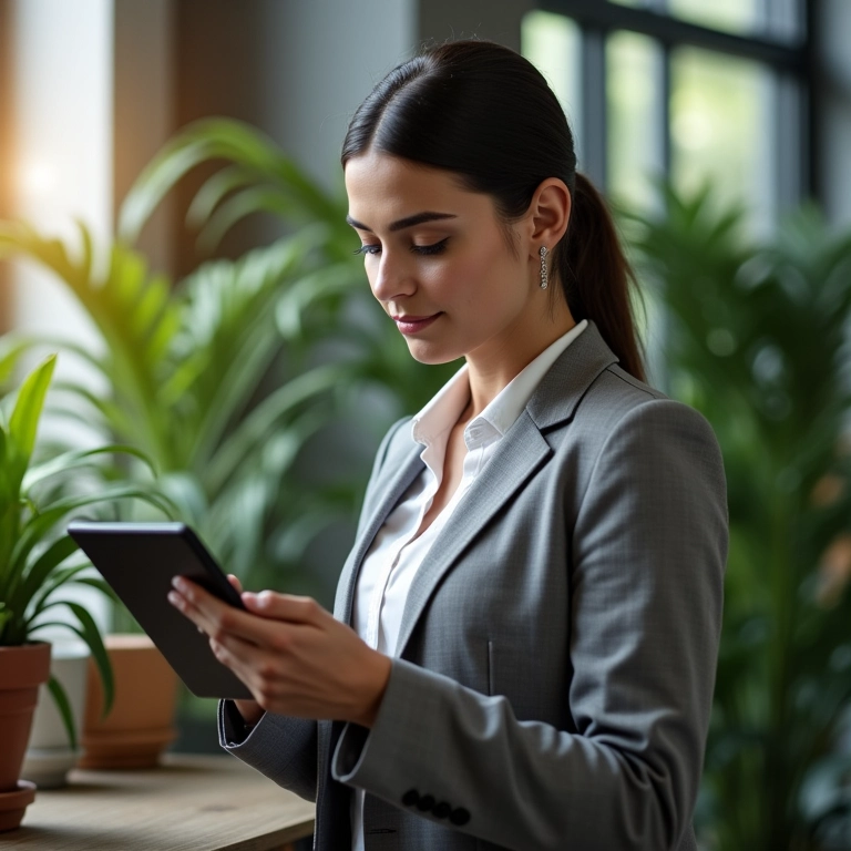 Empresária tomando decisão com base em dados apresentados em tablet.