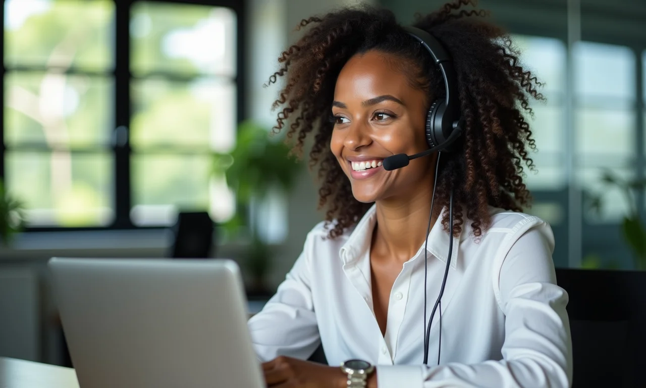 Empresária utilizando telemarketing ativo em escritório brasileiro moderno.
