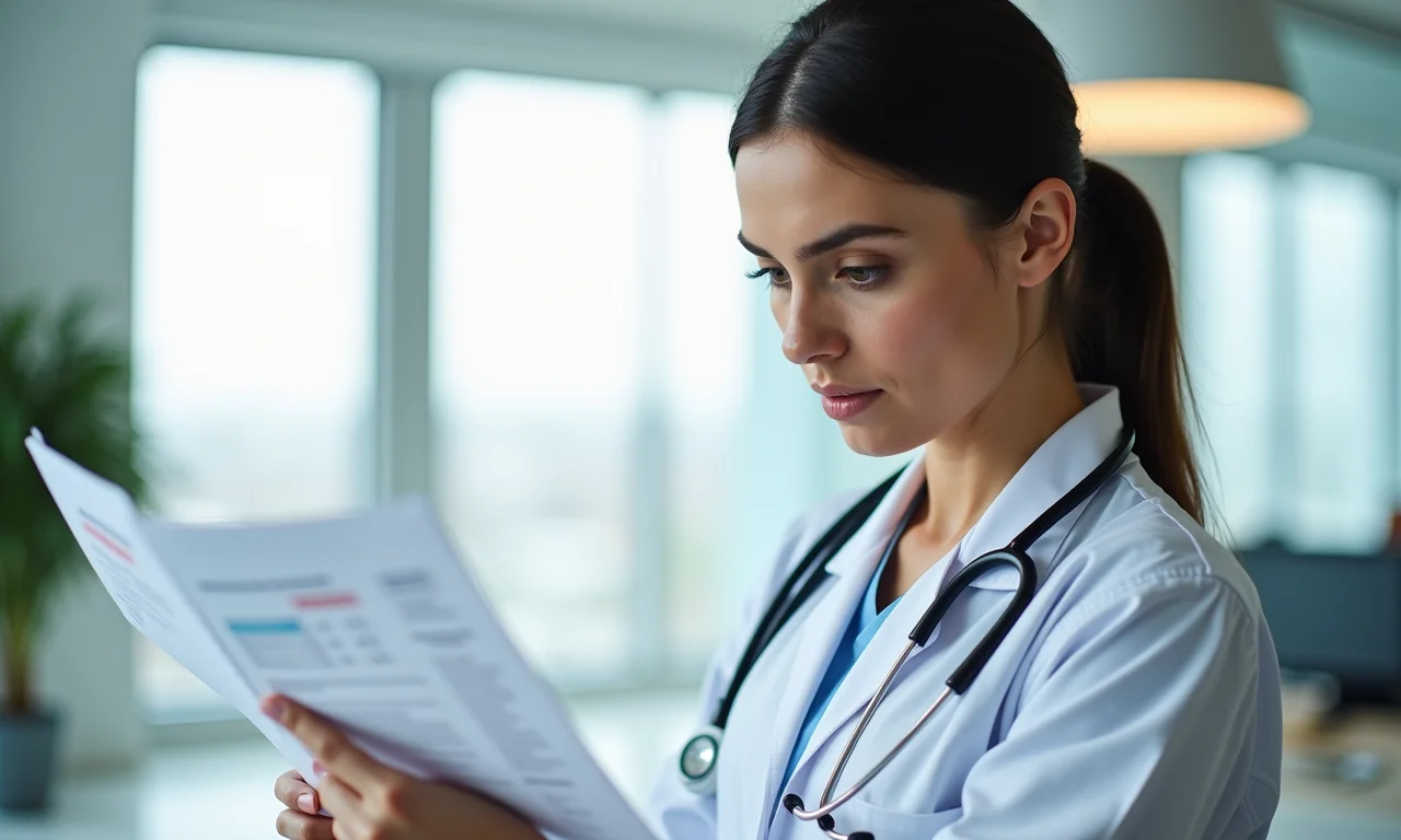 Endocrinologista feminina analisando exames.