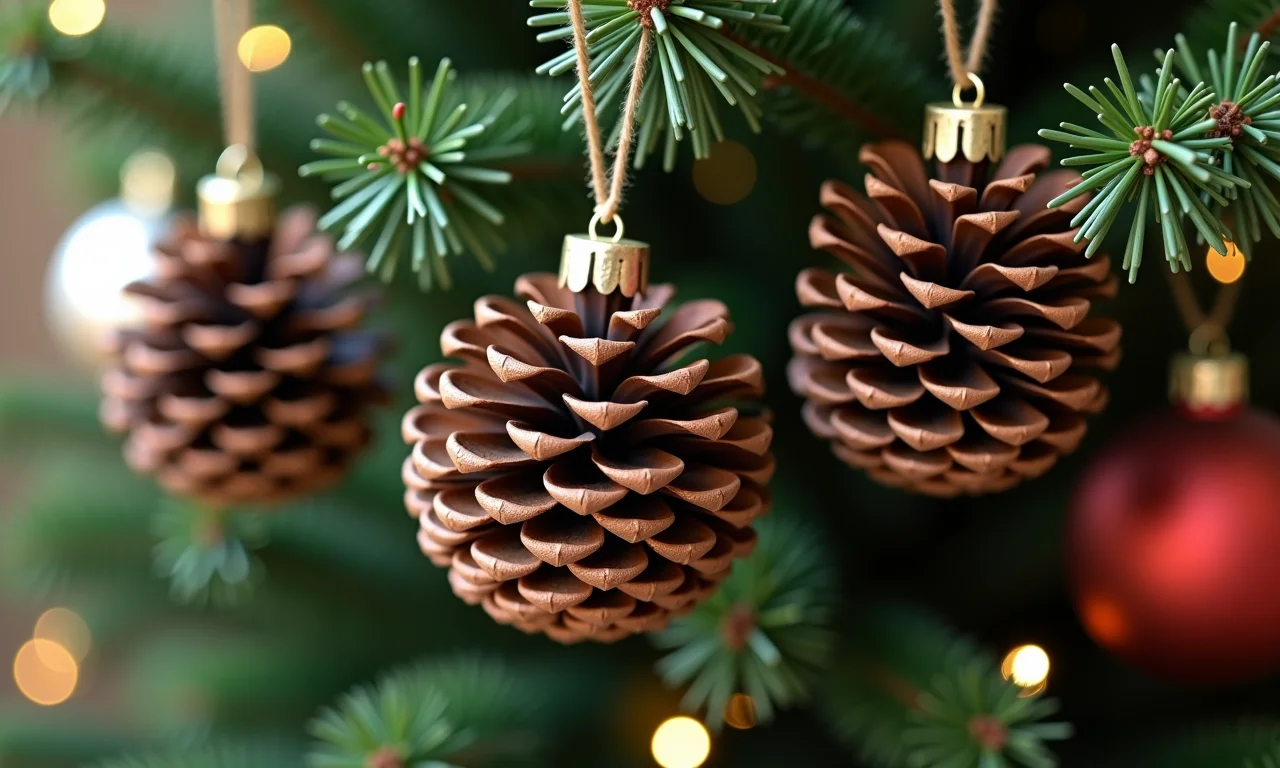 Enfeites de árvore de Natal feitos com pinhas.