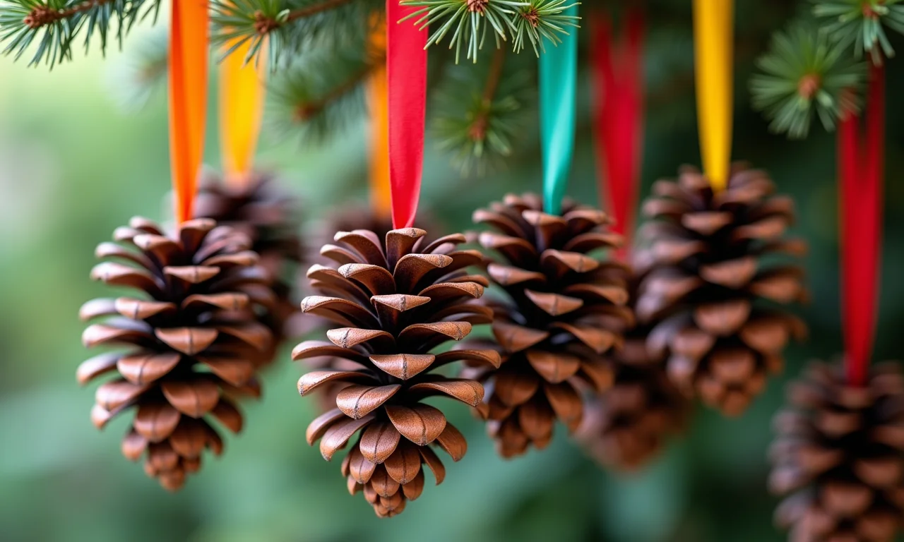 Enfeites de Natal feitos de pinhas coloridas pendurados.