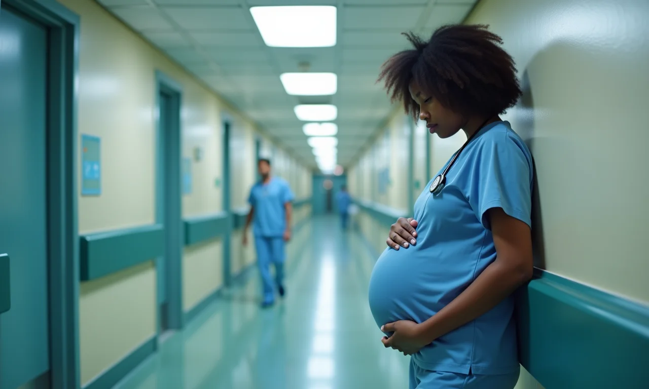 Enfermeira ignora gestante em corredor de hospital.