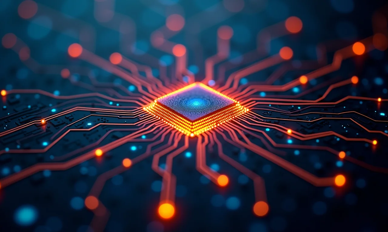 Engenheiros diversos colaboram em projeto de IA, com placa de circuito e rede neural brilhante.