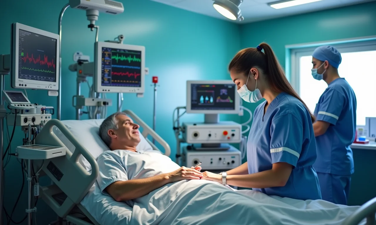 Equipamentos de monitoramento e profissionais de saúde em uma UTI.