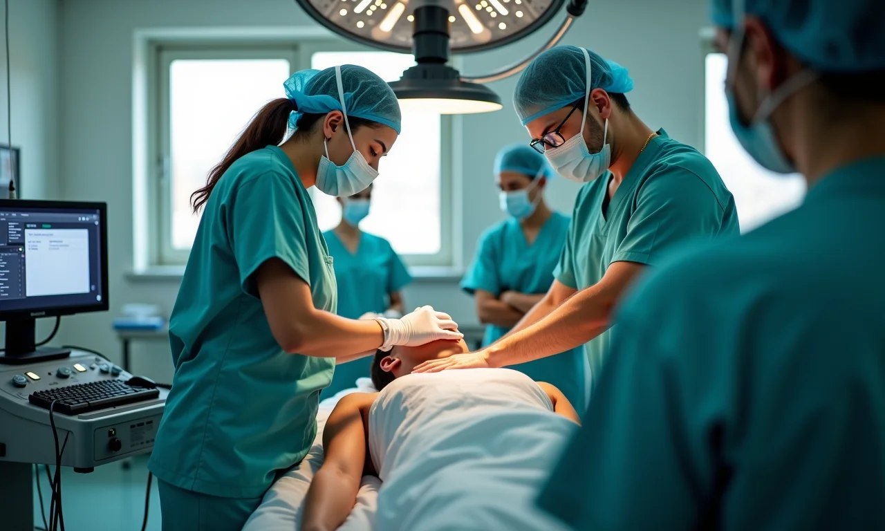 Equipamentos e profissionais em uma Sala Vermelha, prontos para atendimento emergencial.