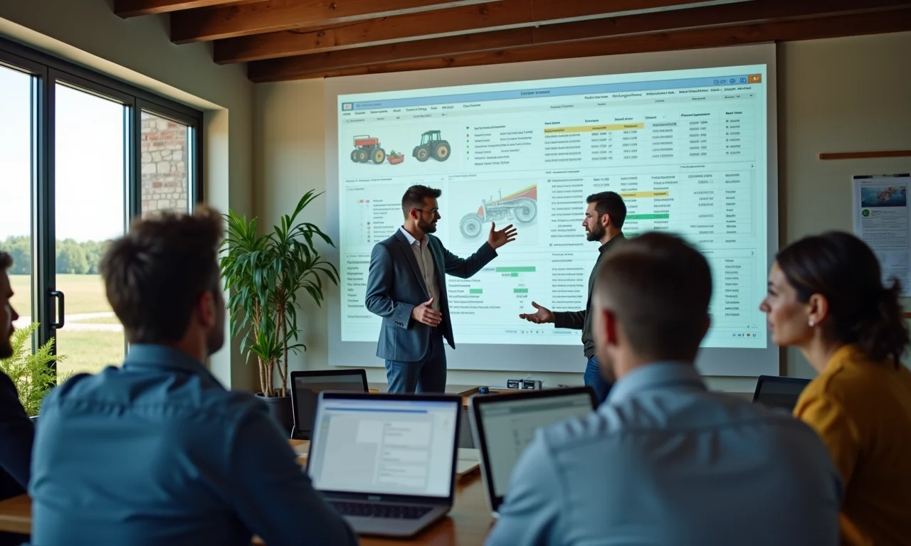 Equipe analisando planilha de gestão de equipamentos em ambiente de trabalho.
