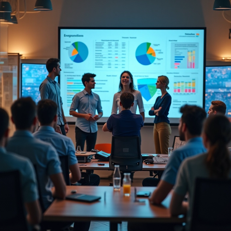Equipe celebrando o aumento da eficiência com dashboards digitais.