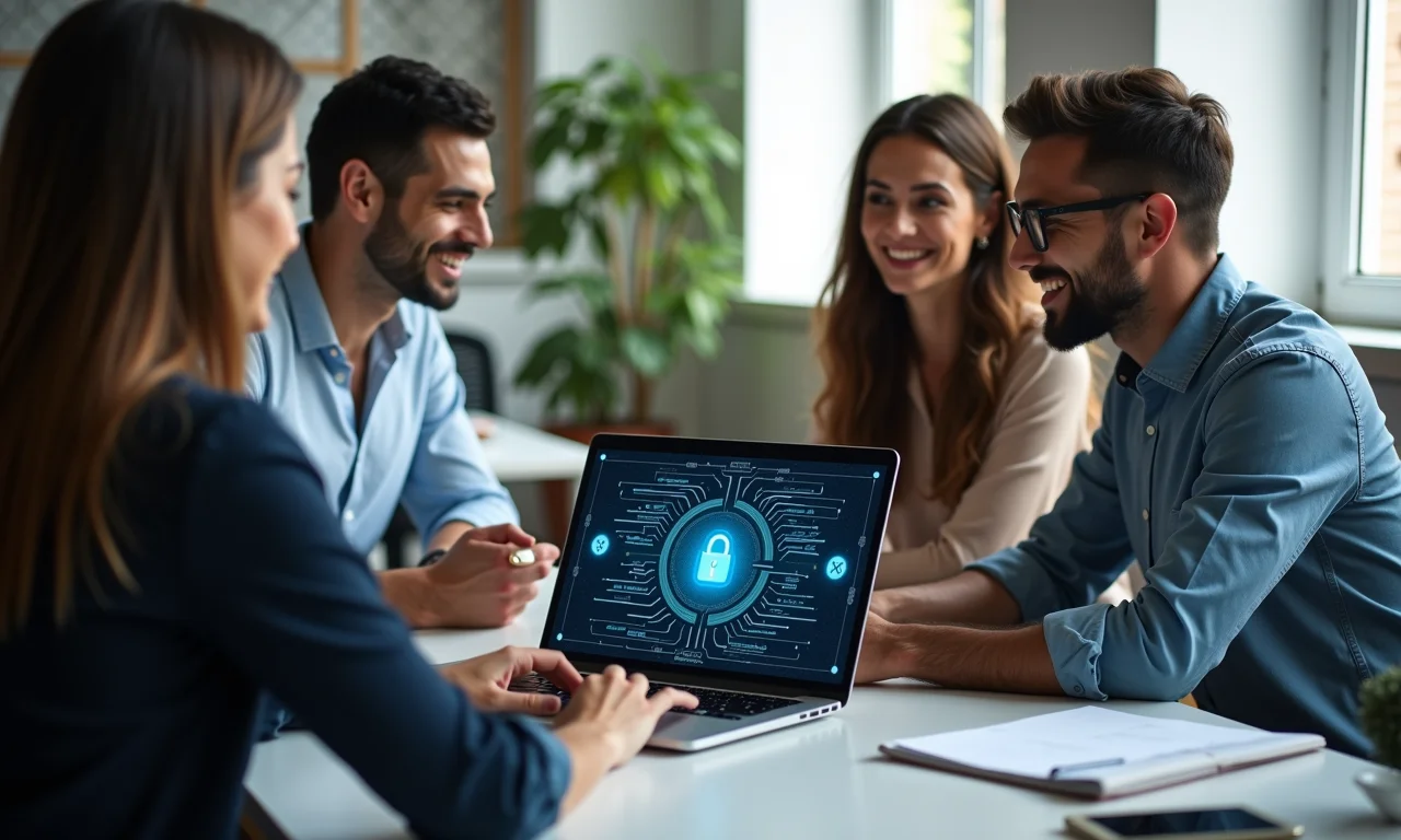 Equipe de negócios diversa discutindo cibersegurança com arquitetura Zero Trust em tela.
