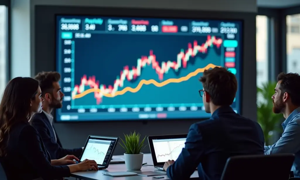 Bookbuilding: Como o Preço de uma Ação é Definido no IPO Equipe diversa analisando gráficos de ações para IPO.