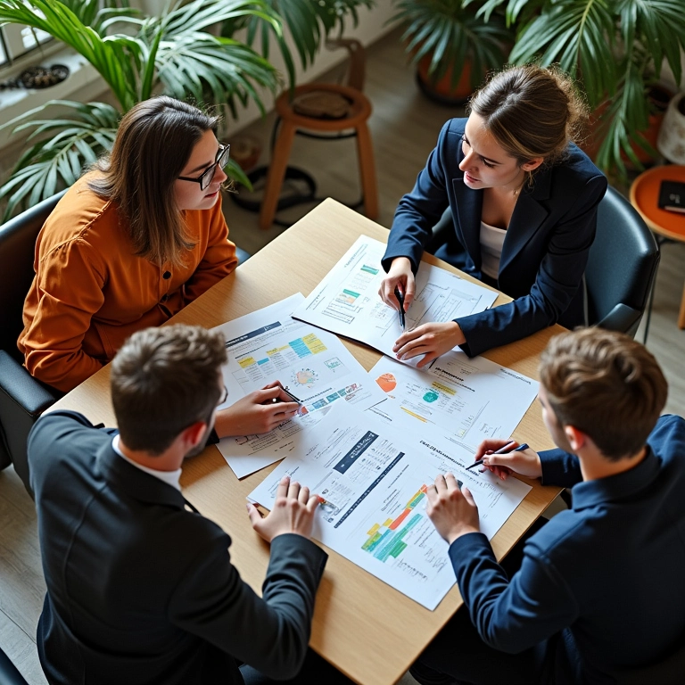 Orçamento de Marketing Digital para Pequenos Negócios Equipe diversa analisando orçamento de marketing digital em escritório.