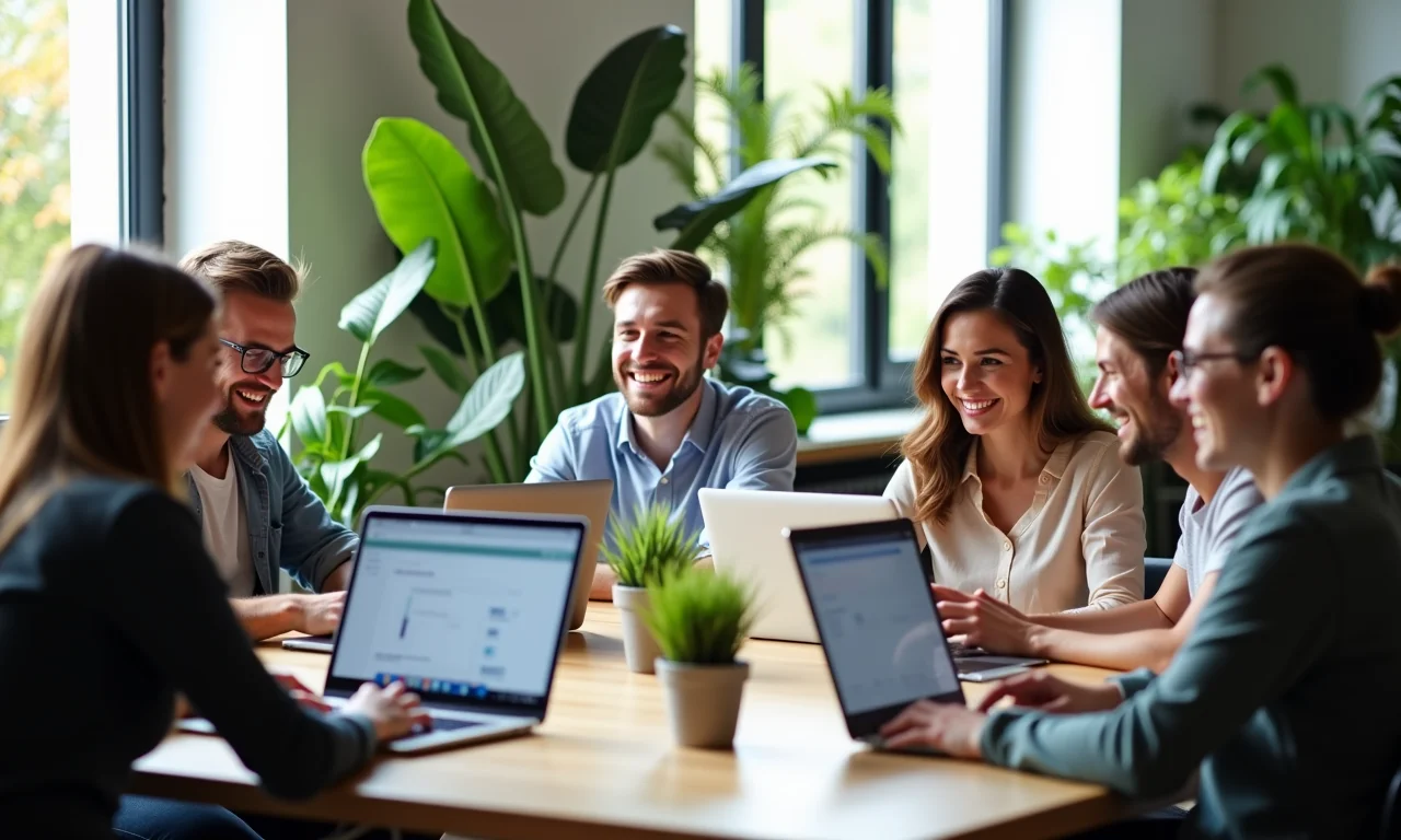 Equipe diversa engajada trabalhando em escritório iluminado.