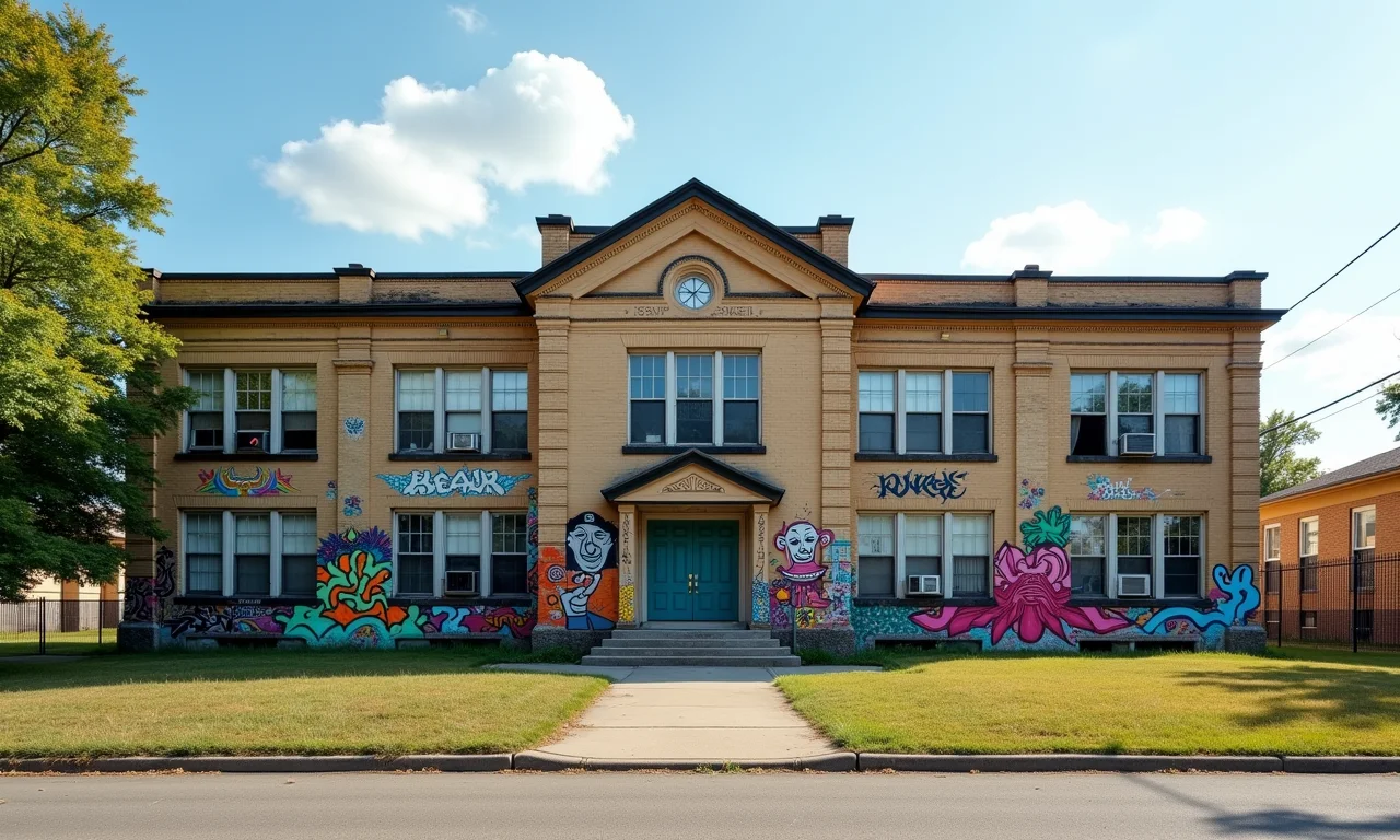 Escola pública com grafite vibrante, simbolizando desafios e potencial.