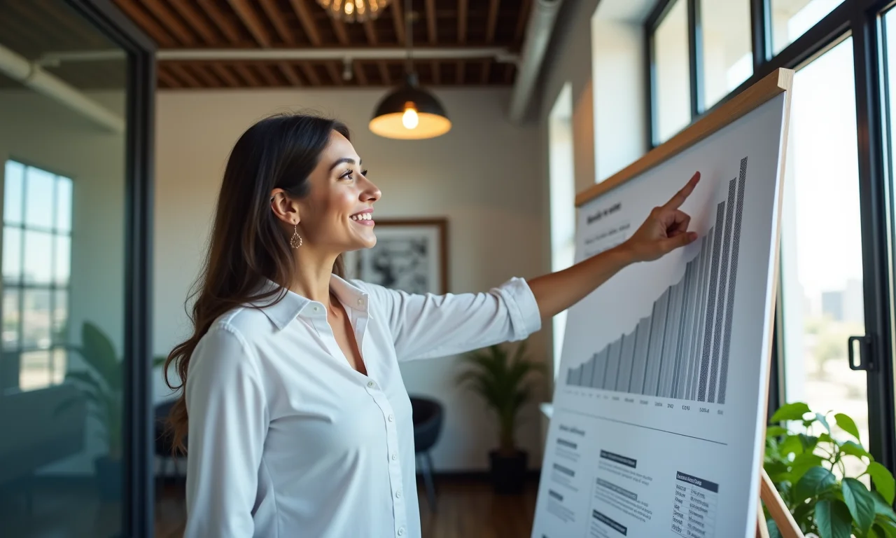 Especialista brasileira sorrindo e apontando para um gráfico de crescimento de blog em um escritório moderno com arte brasileira.