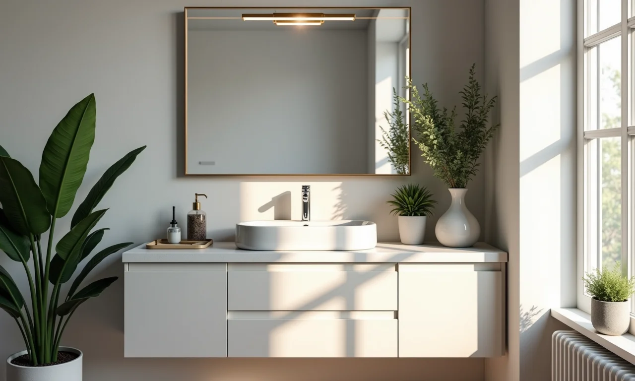 Espelho grande em banheiro pequeno para criar ilusão de amplitude.