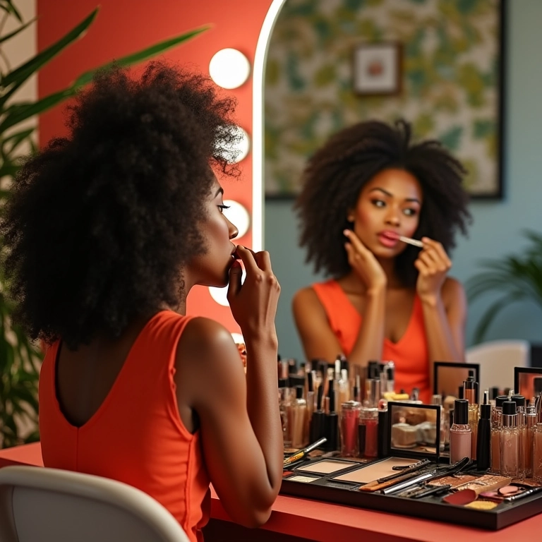 Espelhos amplos em studio de maquiagem com decoração brasileira.