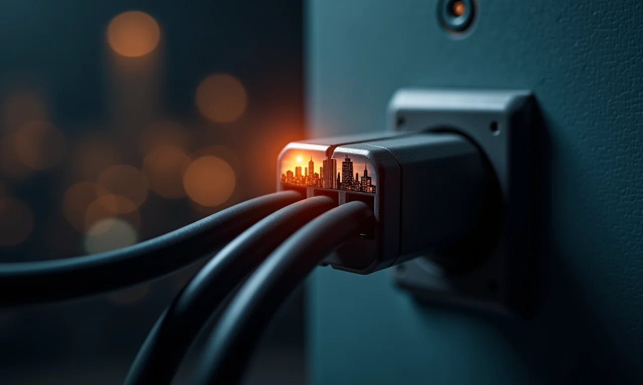 Esquema estilizado de um disjuntor com cabos representando uma cidade, ilustrando o conceito de proteção do mercado.