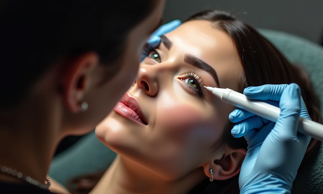 Esteticista realizando micropigmentação nas sobrancelhas de uma cliente.